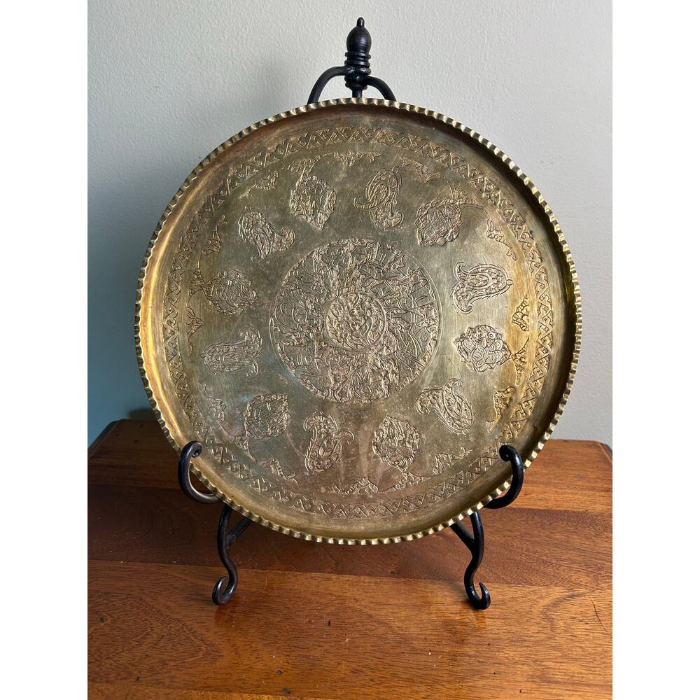 Vintage Solid Brass Engraved Tray 11.5” Ornate Etched Serving Vanity Decor